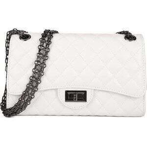 Women White PU Quilted Stylish Crossbody Bag with Chain Strap & Flap Closure